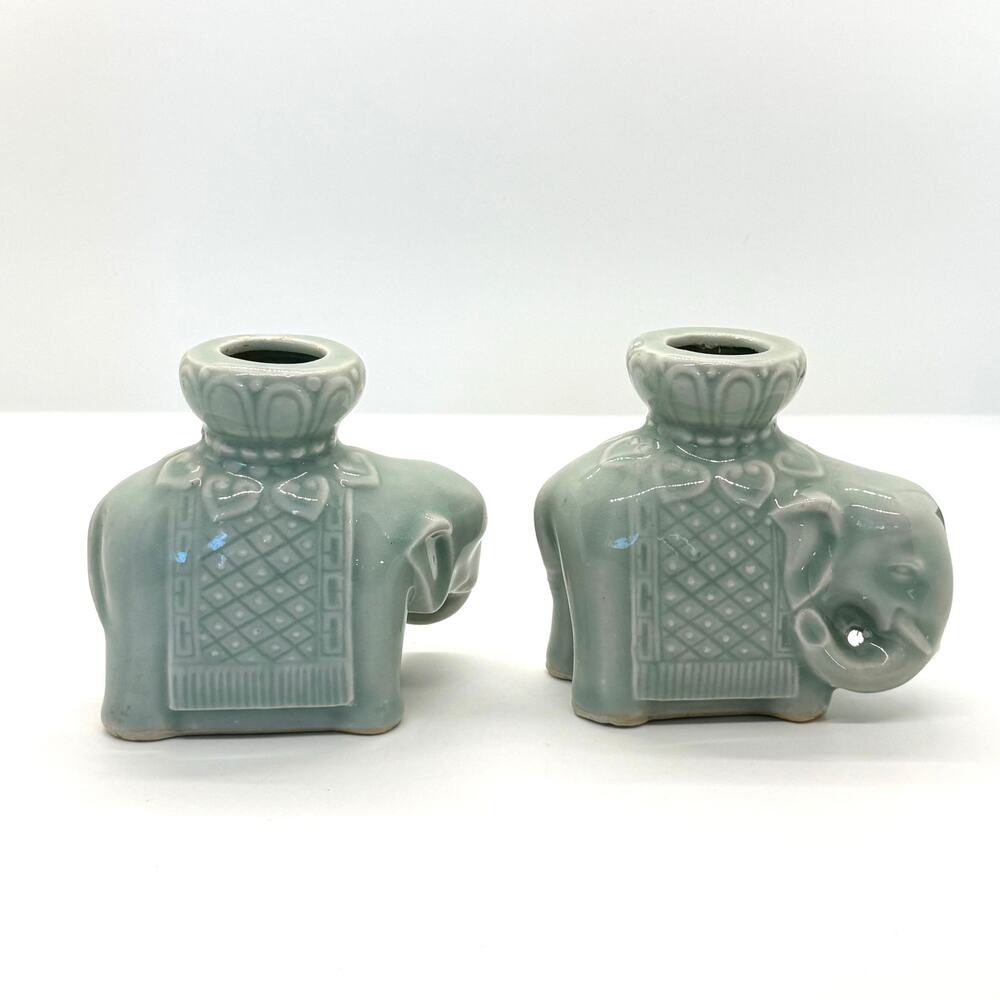 VTG Asian Celadon Elephant Candle Holders Chinese Ceramic Decor Pair Figurines